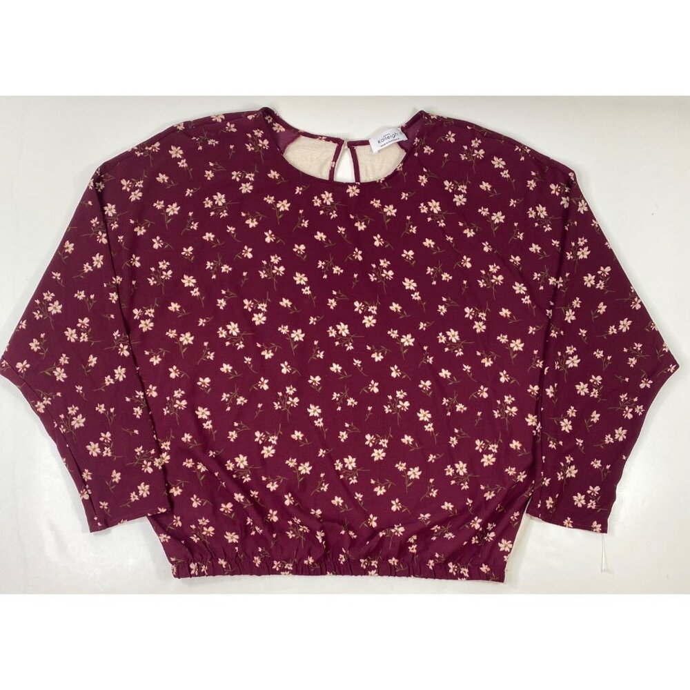 Kaileigh Womens Red White Floral Long Sleeve Elastic Waist Blouse Size XXL